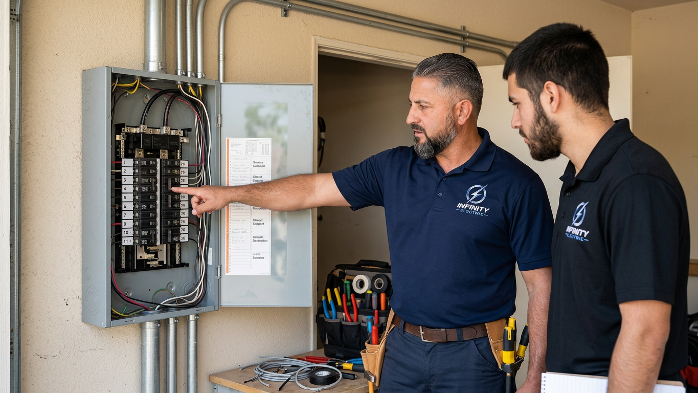 Emergency electrician inspecting panel